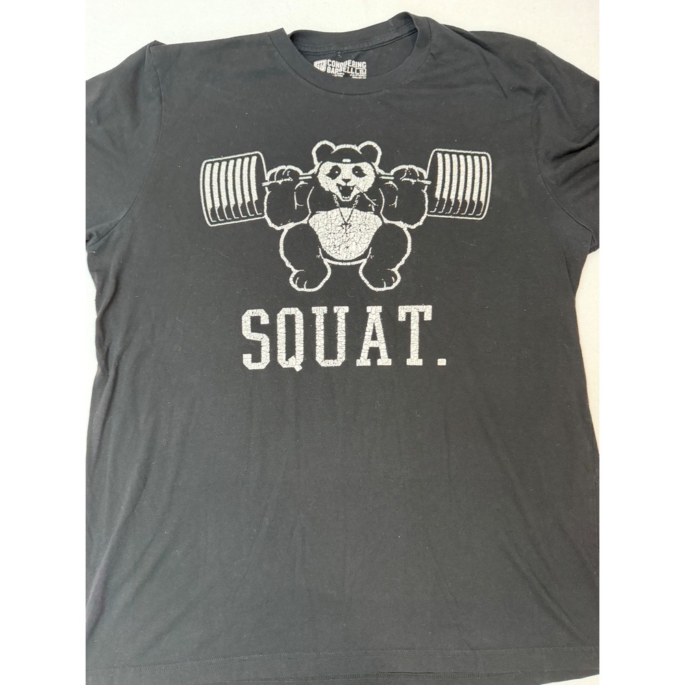 Conquering Barbell Mens XL Black Squat Panda Graphic Gym T-Shirt Bodybuilding